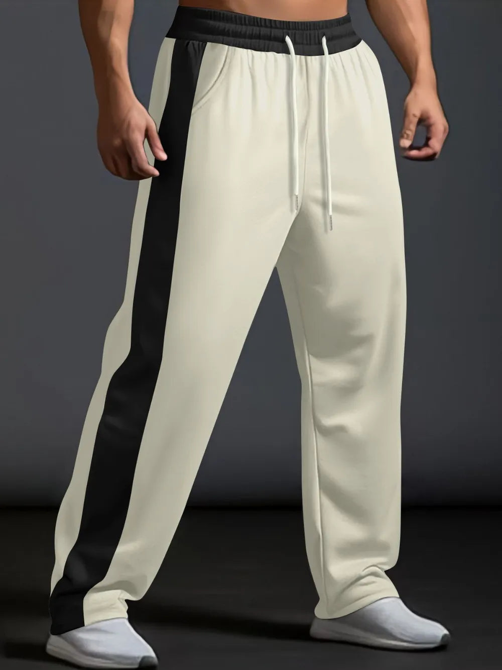 Men's Beige Drawstring Contrast Wide Leg Joggers 