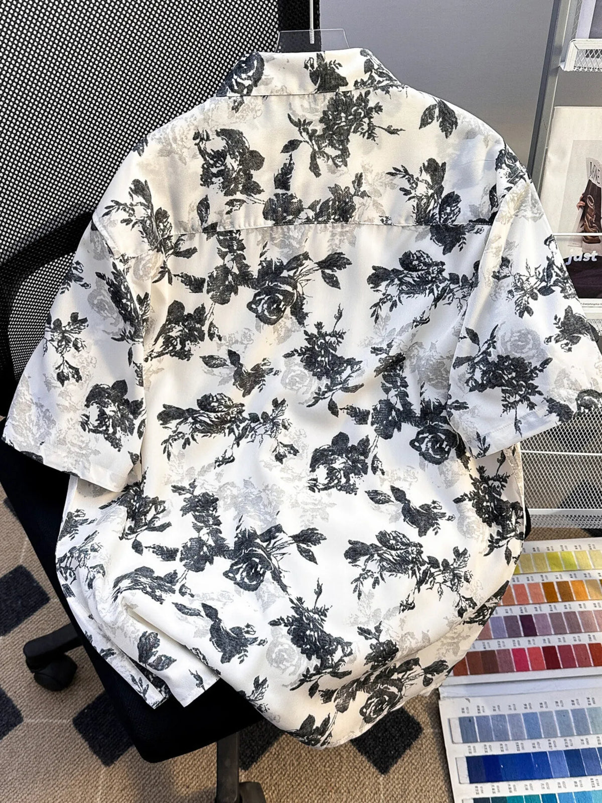 Men's Flower Printed Button Up white Short Sleeve Shirt back