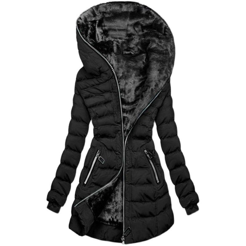 Velvet Whisper: Hooded Long-Sleeved Warm Cotton Puffer Jacket in Bold Hues