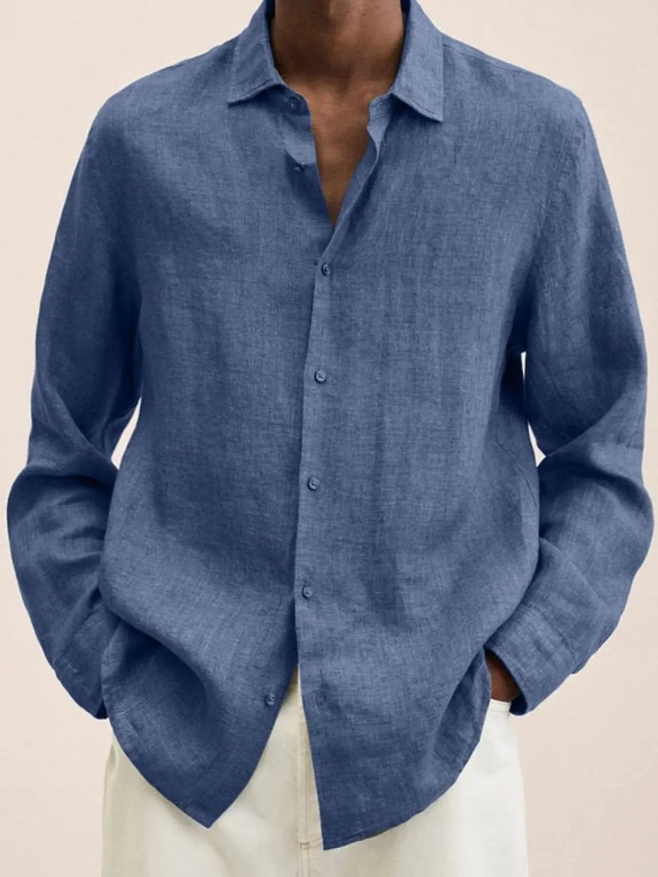  Model wearing a Men's Urban Casual Dusty Blue Button-Down Long Sleeve Shirt 