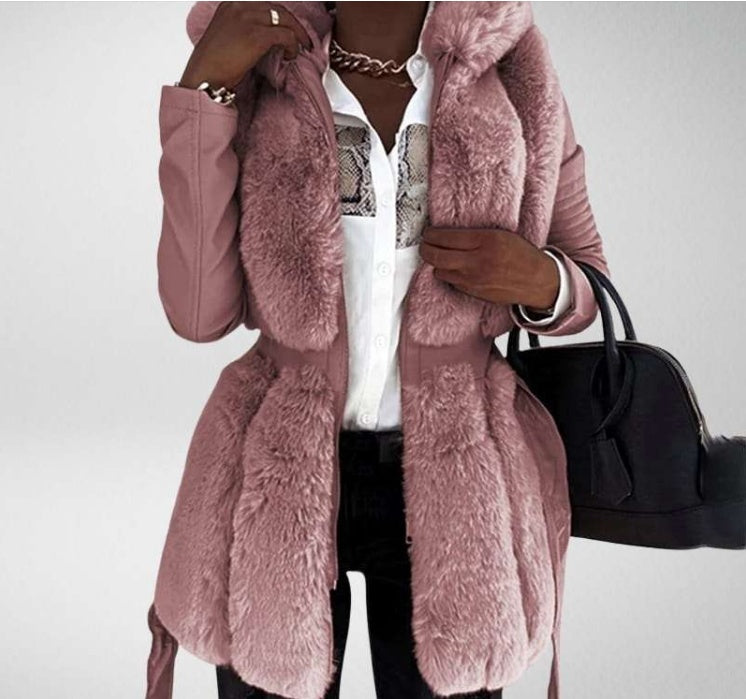 Opulent Fur-Trimmed Elegance: Belted Hooded Zipper Jacket in Luxe Shad