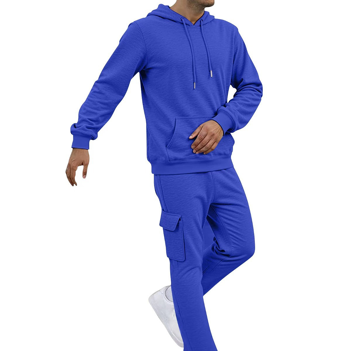 Model wear a Men's Winter Cargo Sweat Suit Set royal blue