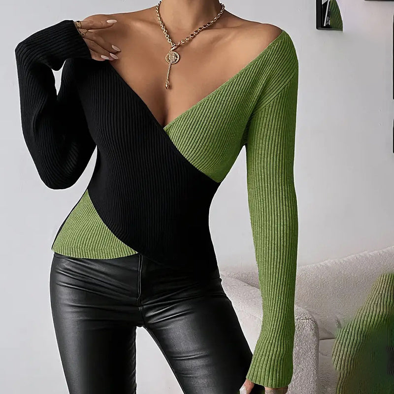 Geometric Grace: V-Neck Cross-Front Color Block Sweater for Layered Elegance