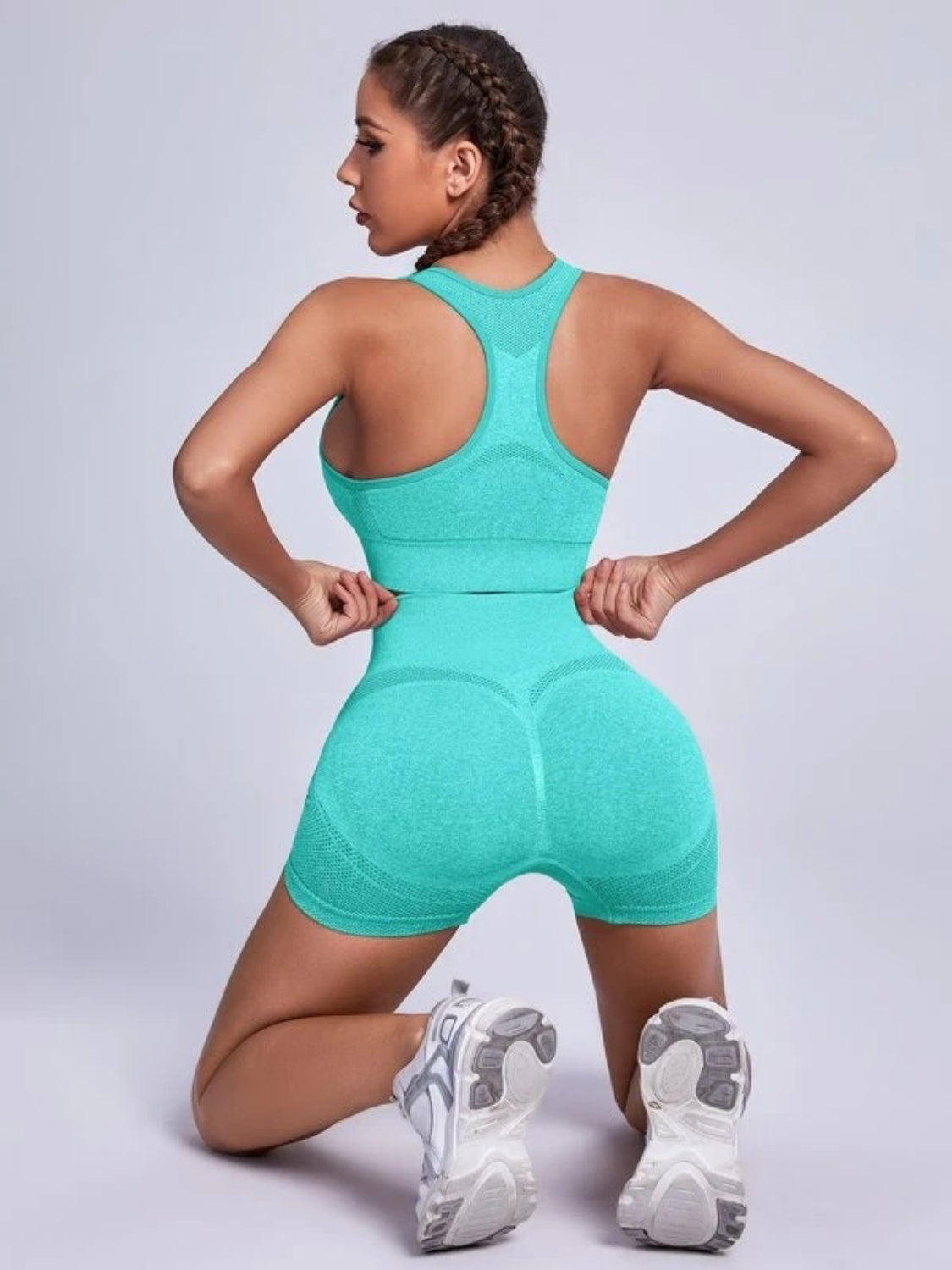 Ladies Performance Aqua Scoop Neck Tank and Shorts Workout Set-back view