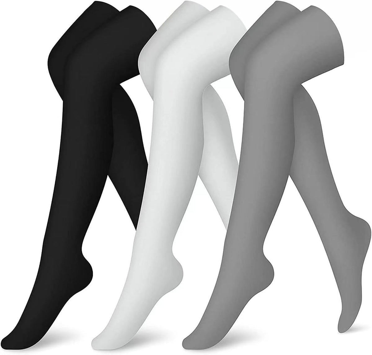 Black, white, and gray tights on a white background