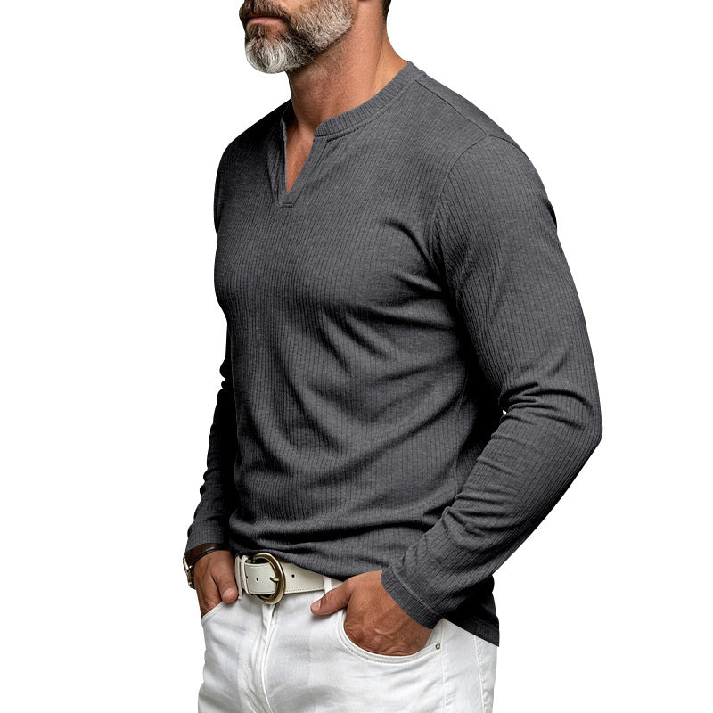
Model wearing a dark grey  Men's Ribbed V-Neck Casual Long-Sleeve