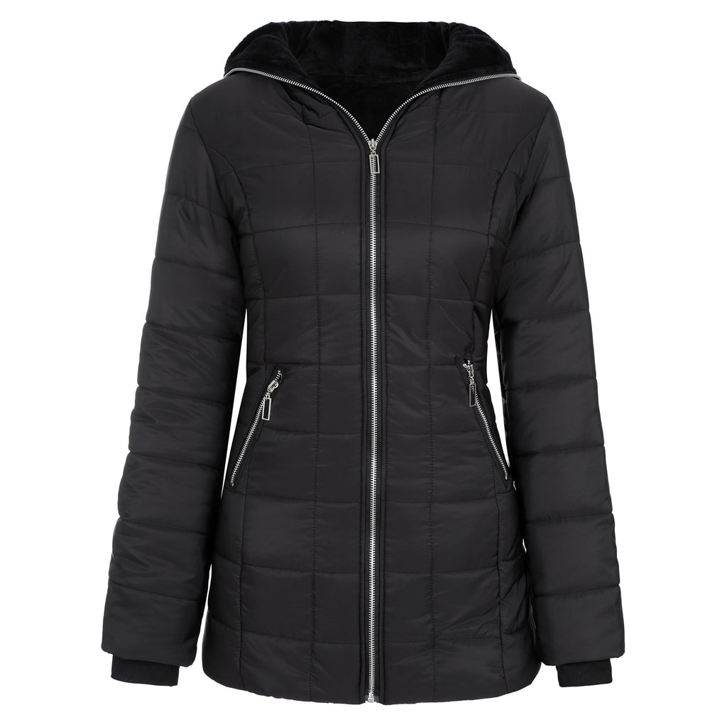 Velvet Whisper: Hooded Long-Sleeved Warm Cotton Puffer Jacket in Bold Hues