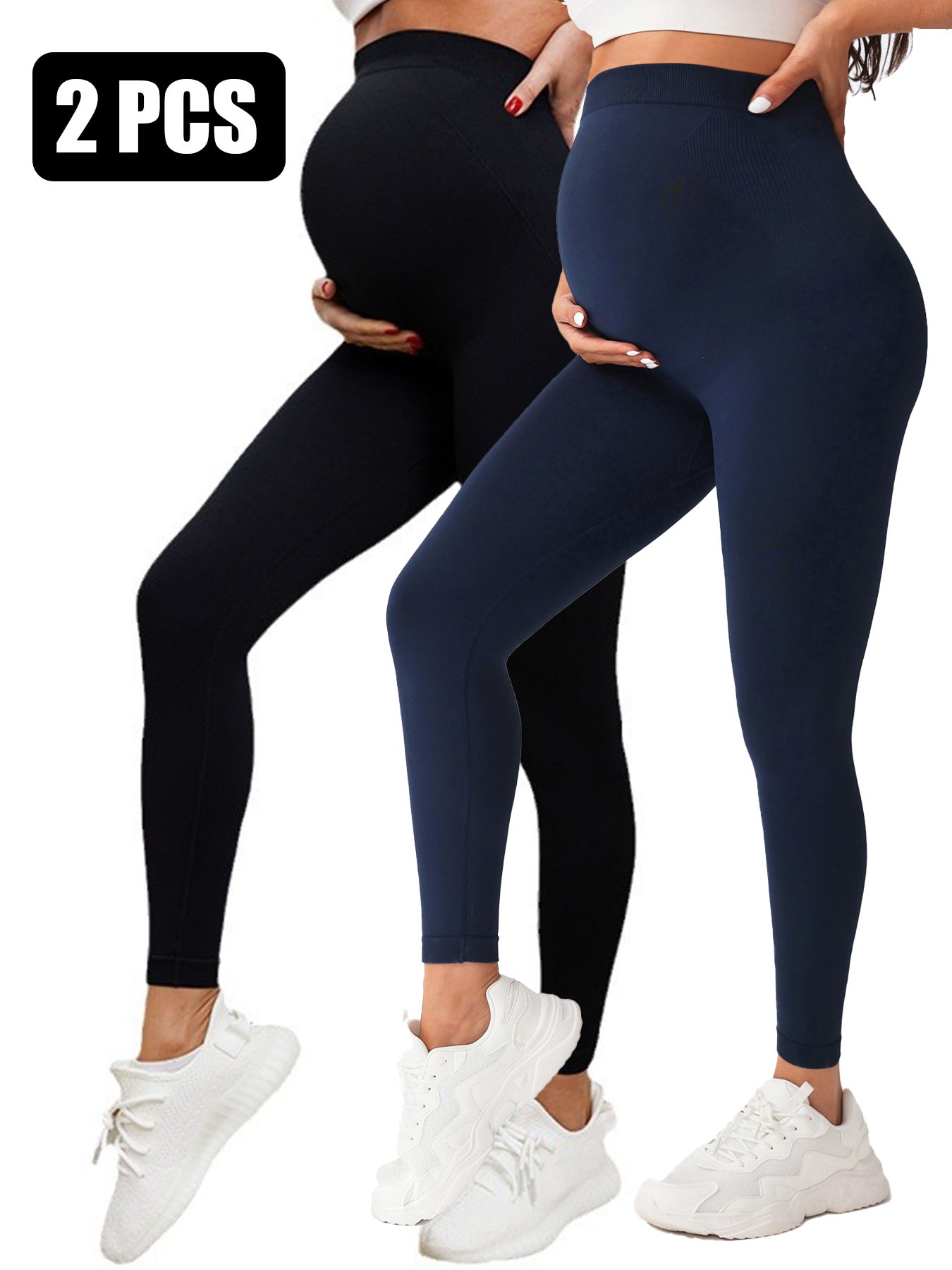 Two pairs of black and navy leggings worn by models on a white background.