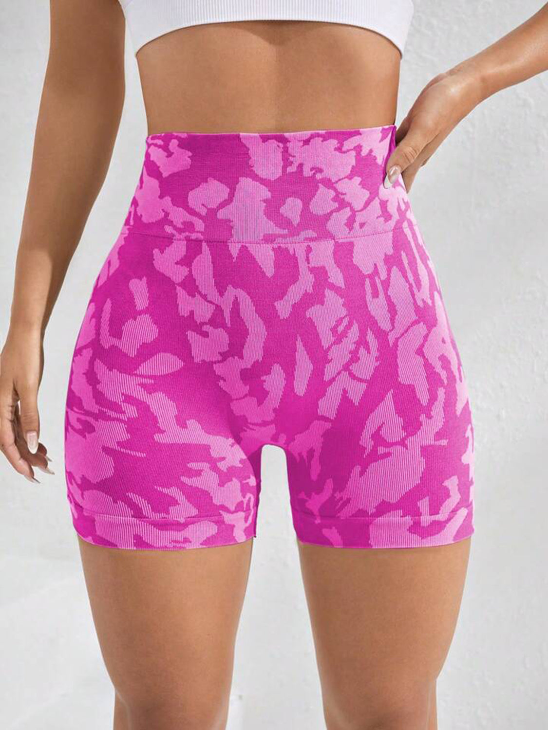 Ladies Hot Pink Slightly Stretch Abstract Printed High Waist Shorts - front view