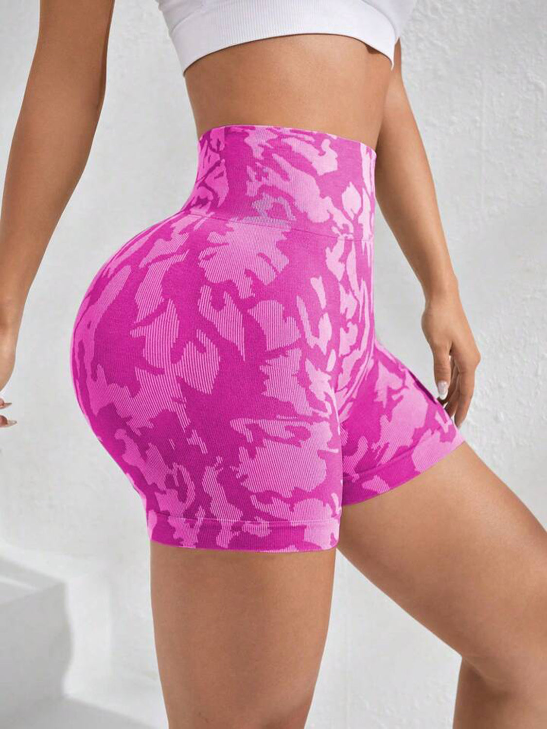 Ladies Hot Pink Slightly Stretch Abstract Printed High Waist Shorts - side view