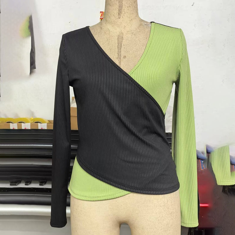 Geometric Grace: V-Neck Cross-Front Color Block Sweater for Layered Elegance