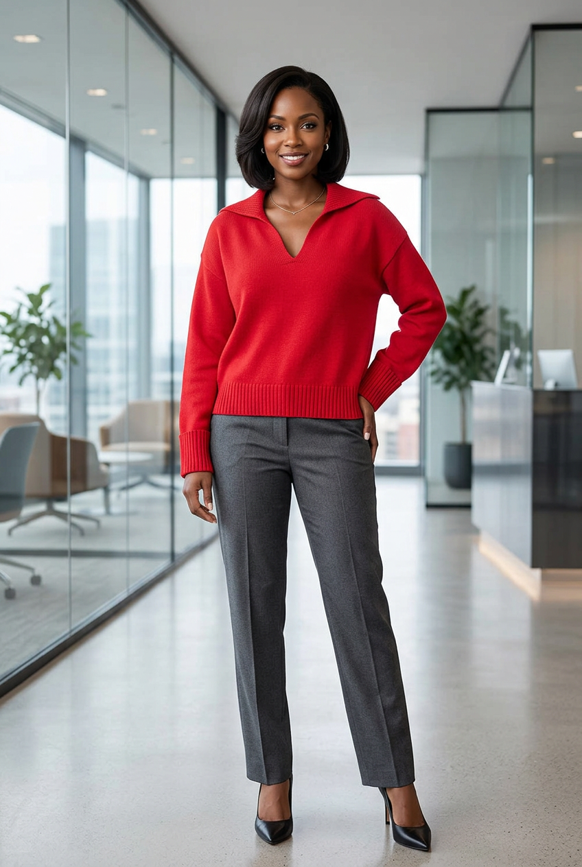 A woman stands in a modern office hallway wearing a racing red Ribbed V-Neck Sweater and charcoal gray trousers with black heels.