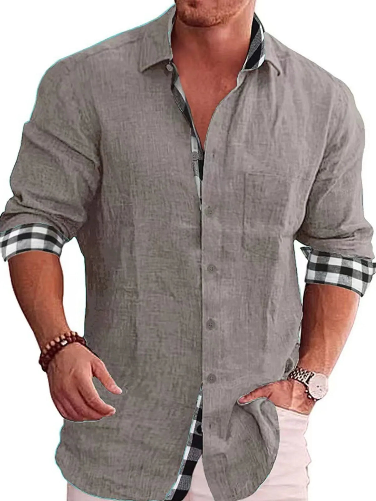 Male model wearing a grey Casual Linen Plaid-Trim Button Down Shirt