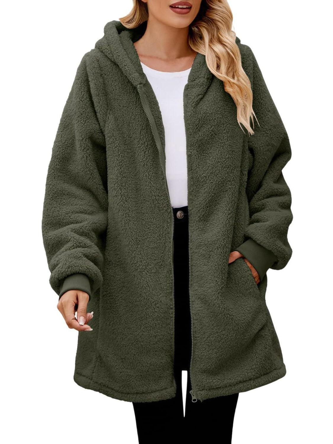 Model wearing a Army Green Cozy Women's Fuzzy Pocketed Hooded Jacket