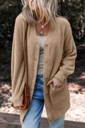 Person wearing a beige Fuzzy Buttoned Midi Cardigan 