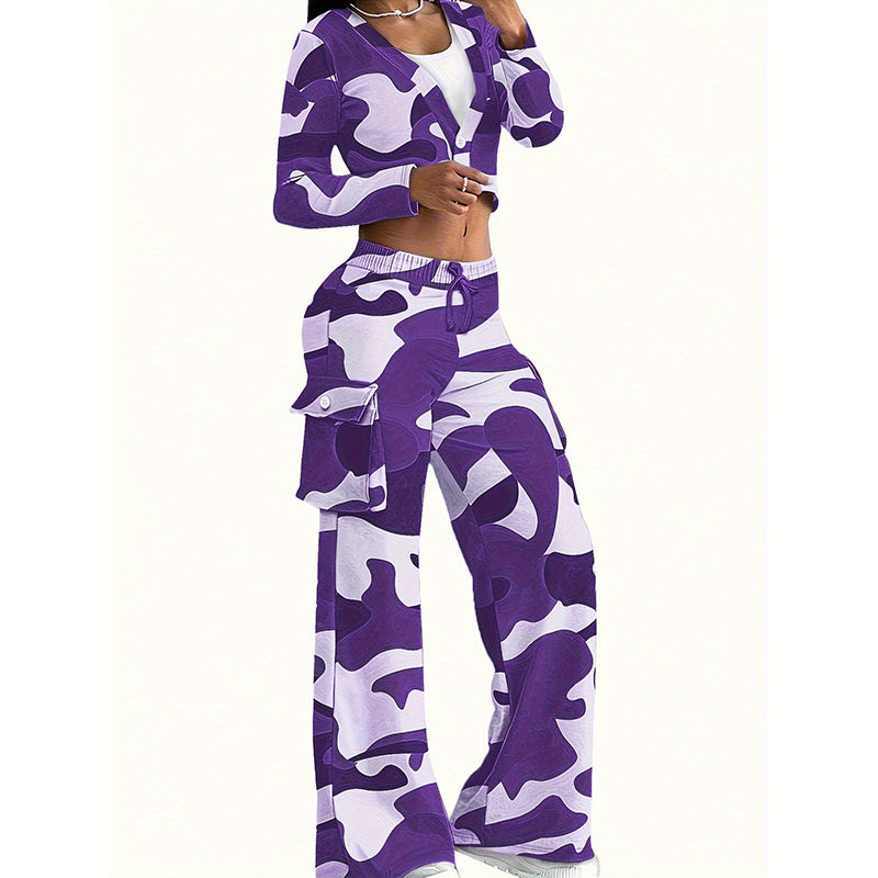 Camo Canvas: V-Neck Crop Top & Drawstring Cargo Pants 2-Piece Set for Edgy Seasons
