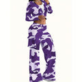 Camo Canvas: V-Neck Crop Top & Drawstring Cargo Pants 2-Piece Set for Edgy Seasons