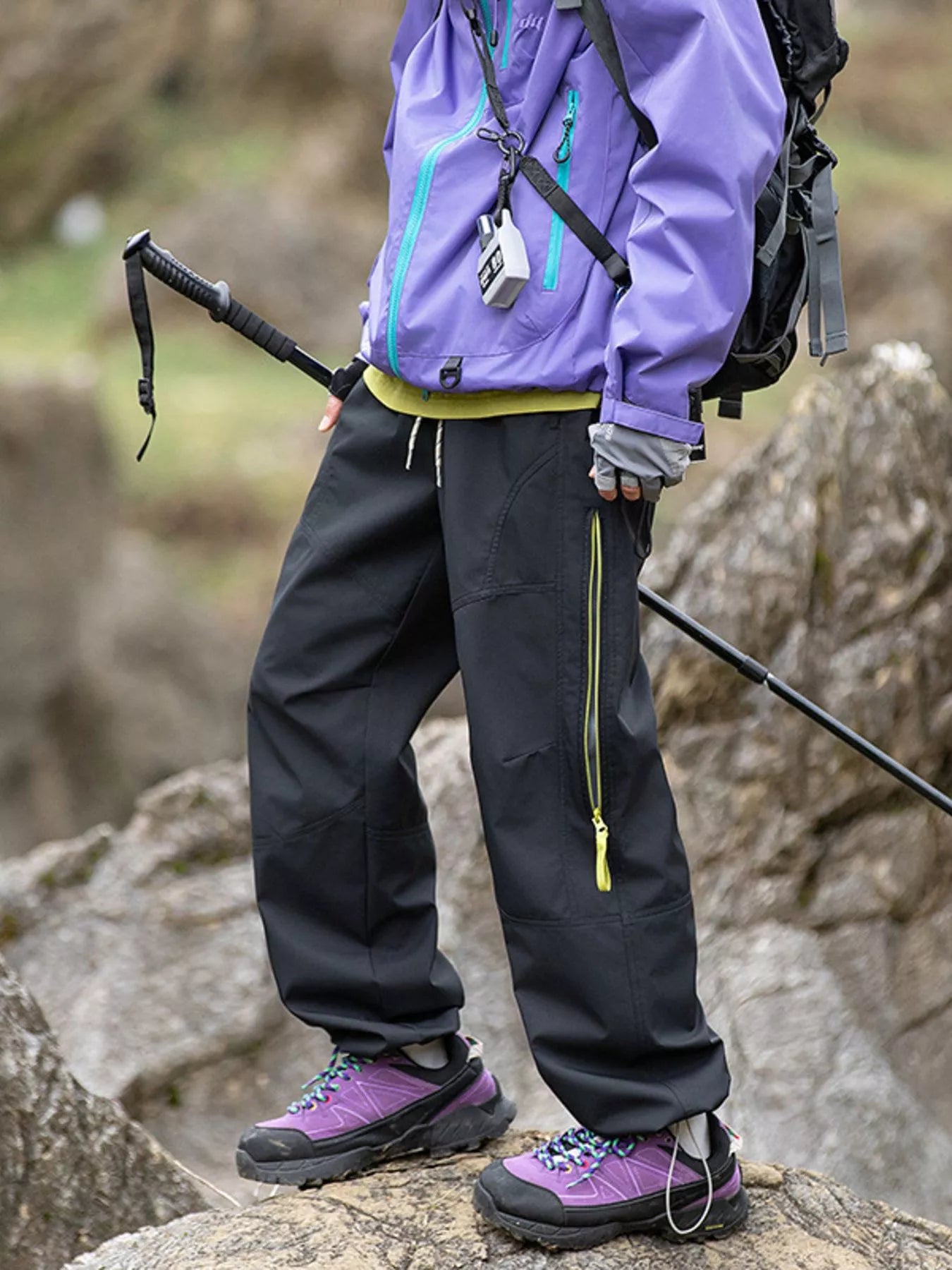 Model wearing Black colored Men's Trailblazers (Hiking) Drawstring Wide Leg Pants