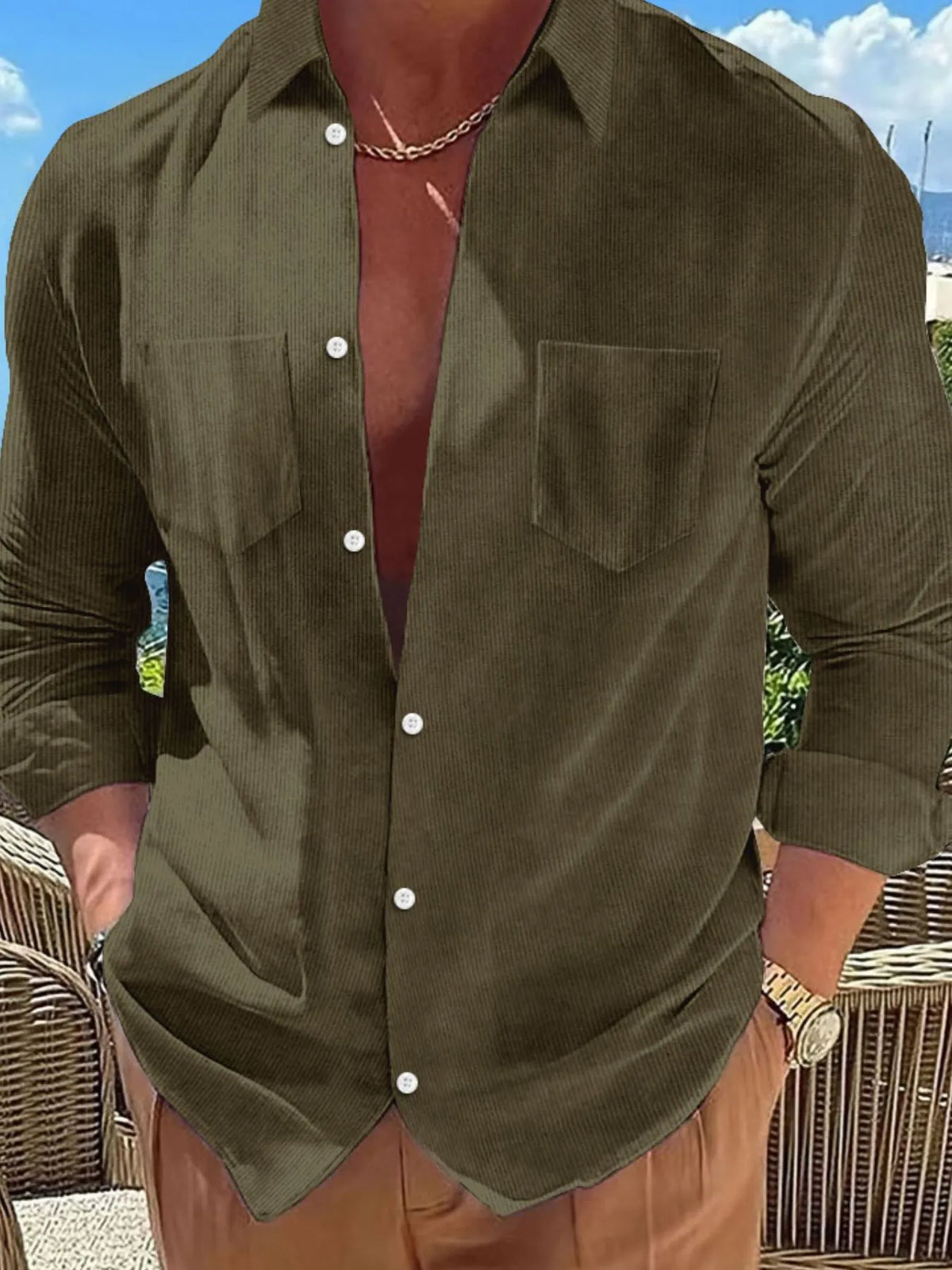 Male model wearing a forest green ribbed Button Down Long Sleeve Casual Shirt 