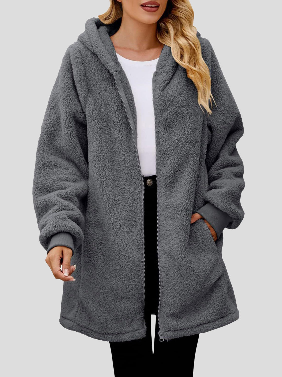 Model wearing a Gray Cozy Women's Fuzzy Pocketed Hooded Jacket