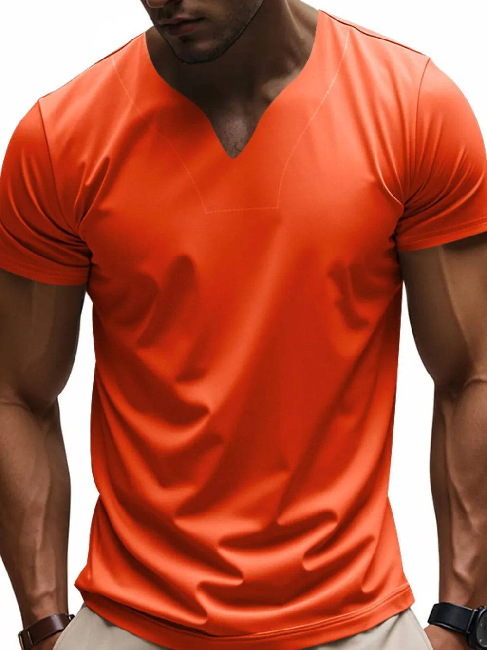 Model wearing a orange Men's Modern V-Neck Fitted Short Sleeve T-Shirt 
