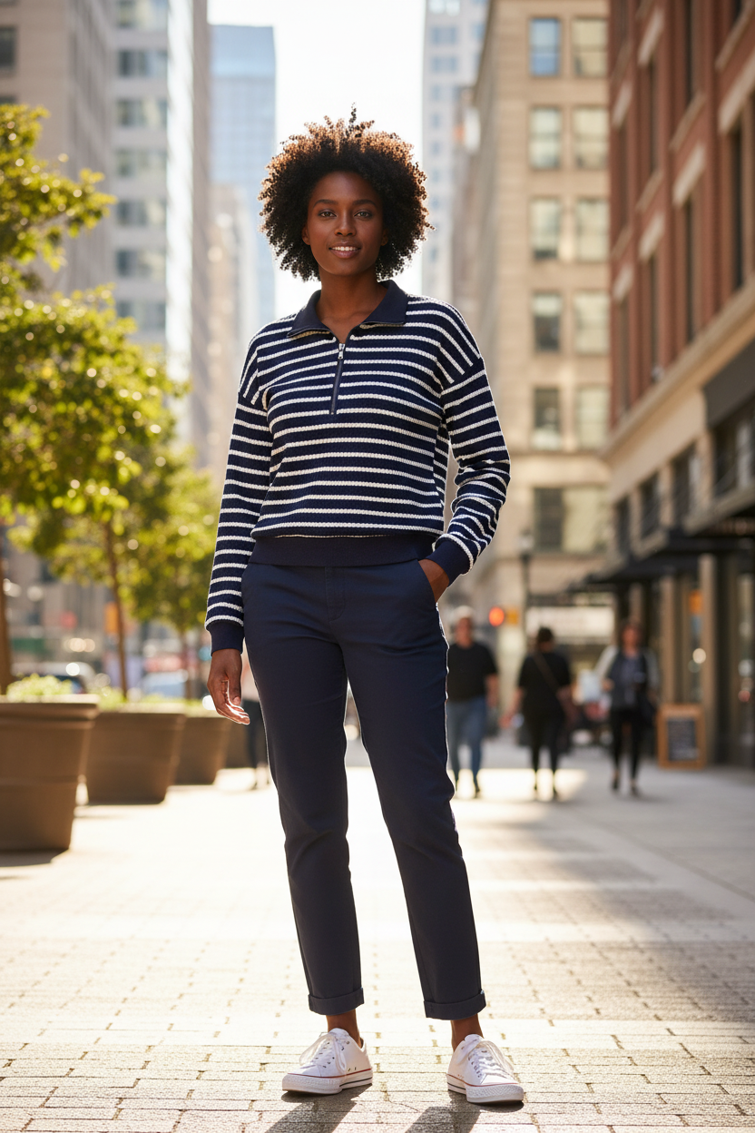 A woman stands on a city sidewalk wearing a Chic Women's Blue Striped Textured Knit Zipper Top, navy trousers, and white sneakers. The background shows blurred buildings and pedestrians in an urban setting.