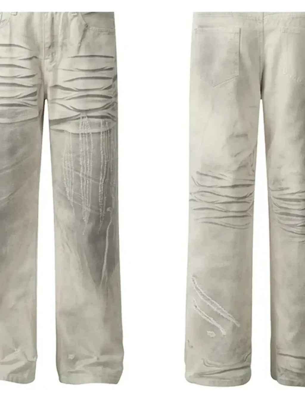  a pair of vintage washed off white jeans shown from the front and back on a white background