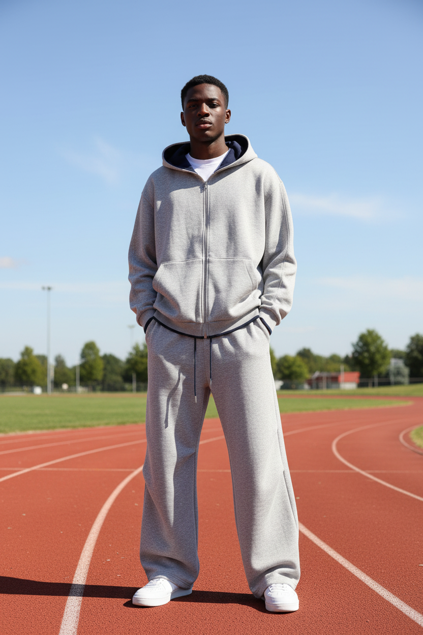 Male model wearing a Men's heather grey (grey w/blue interior)Distressed Hooded Tracksuit