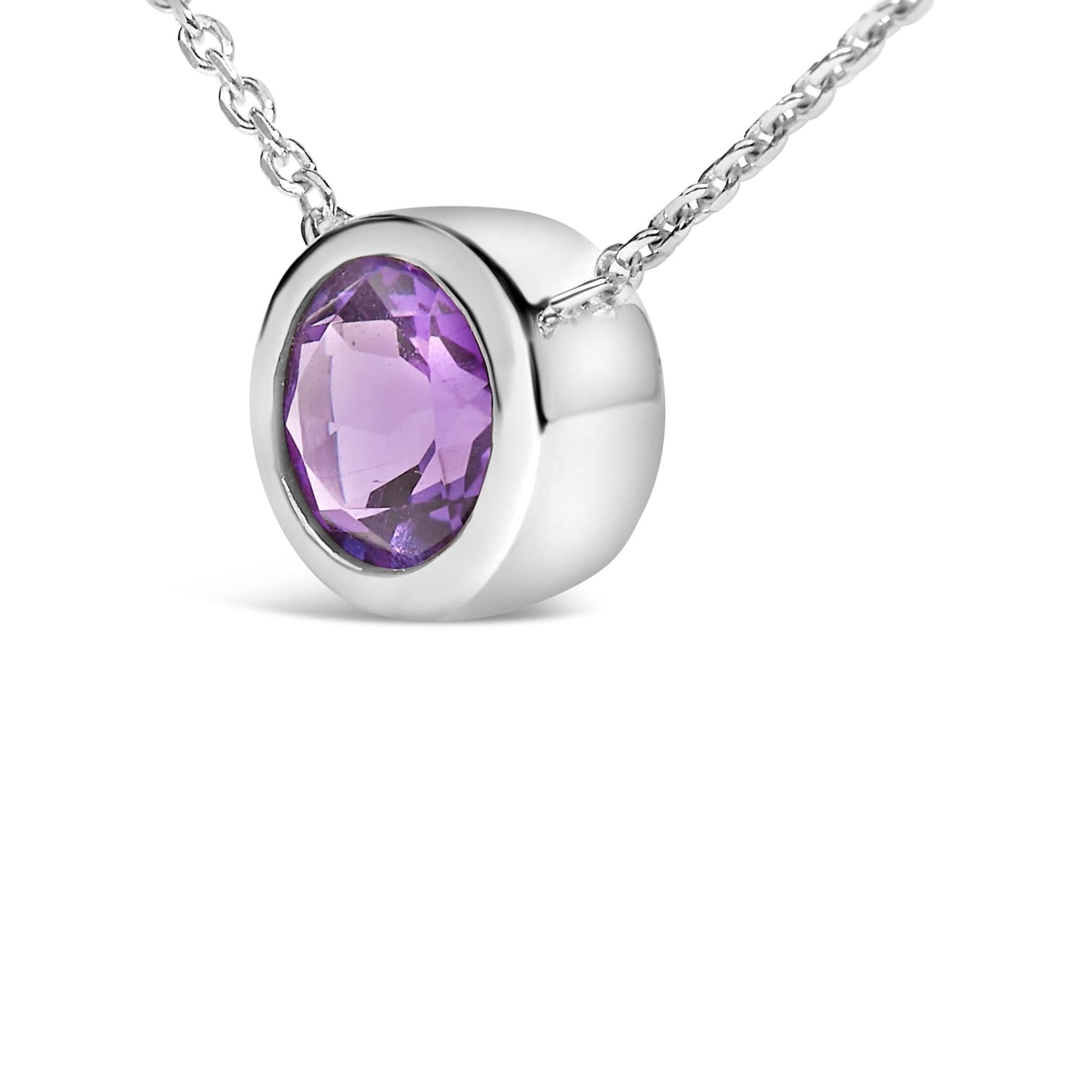 .925 Sterling Silver 7MM Bezel Set Created Gemstone Pendant Necklace - 18 Inches