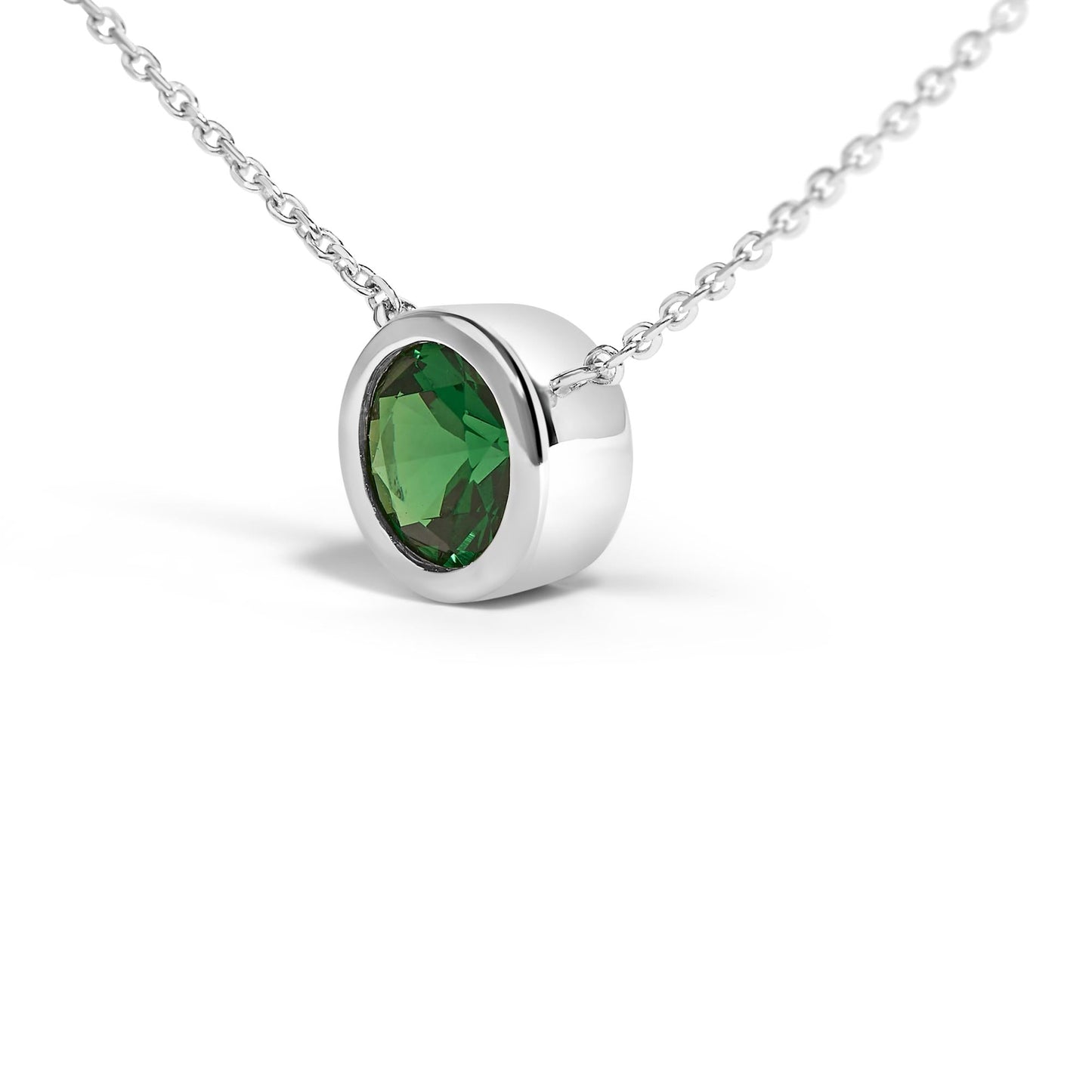 .925 Sterling Silver 7MM Bezel Set Created Gemstone Pendant Necklace - 18 Inches