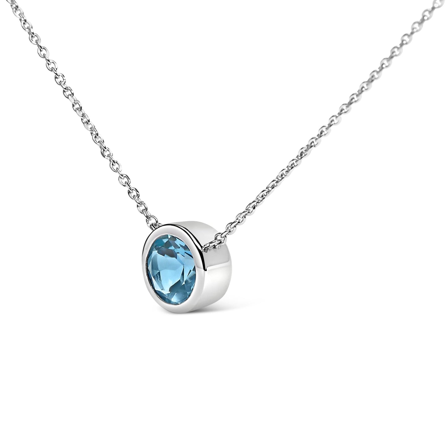 .925 Sterling Silver 7MM Bezel Set Created Gemstone Pendant Necklace - 18 Inches