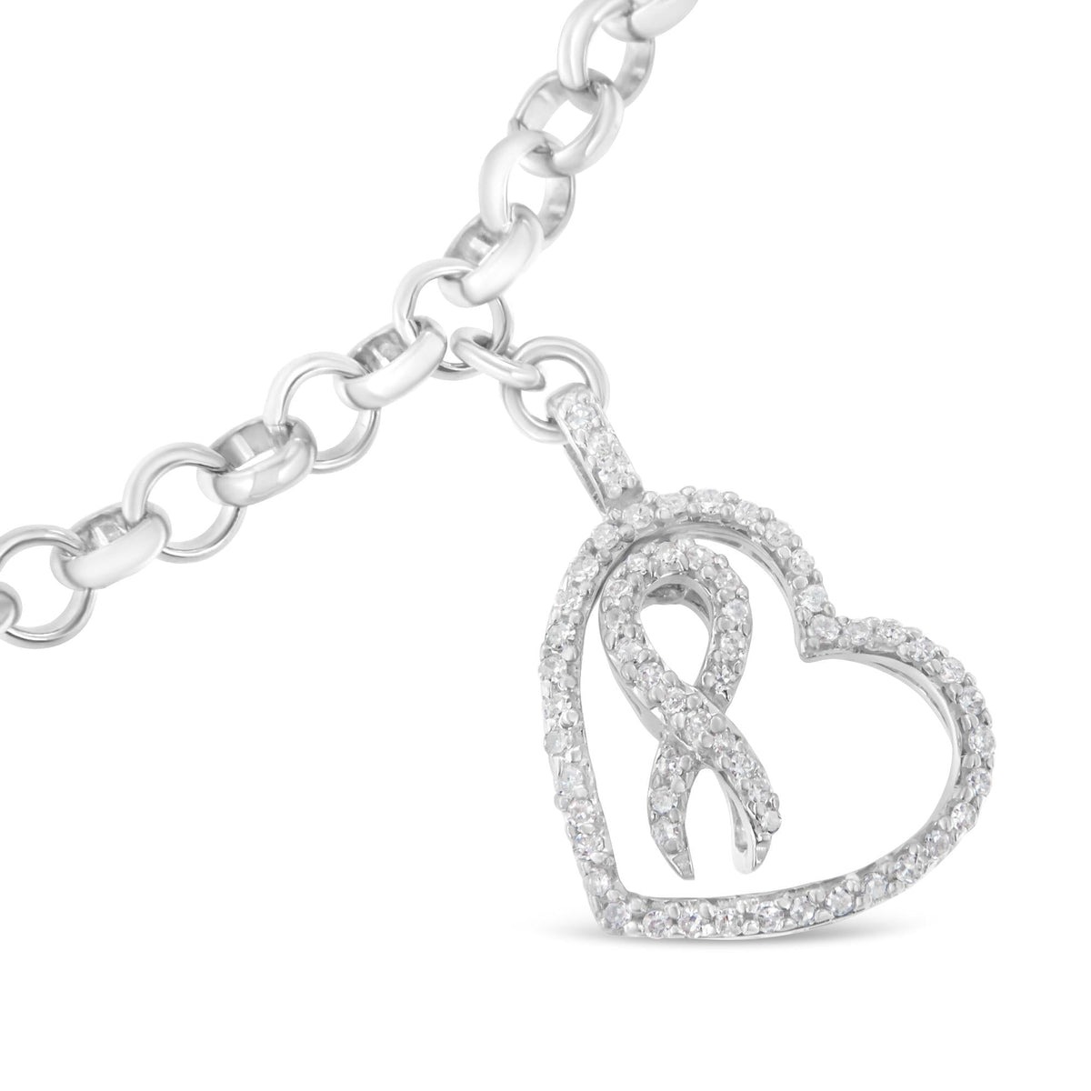 .925 Sterling Silver 1/4 Cttw Diamond-Accented Heart and Ribbon Charm 7in Link Chain Bracelet (H-I Color, I1-I2 Clarity)