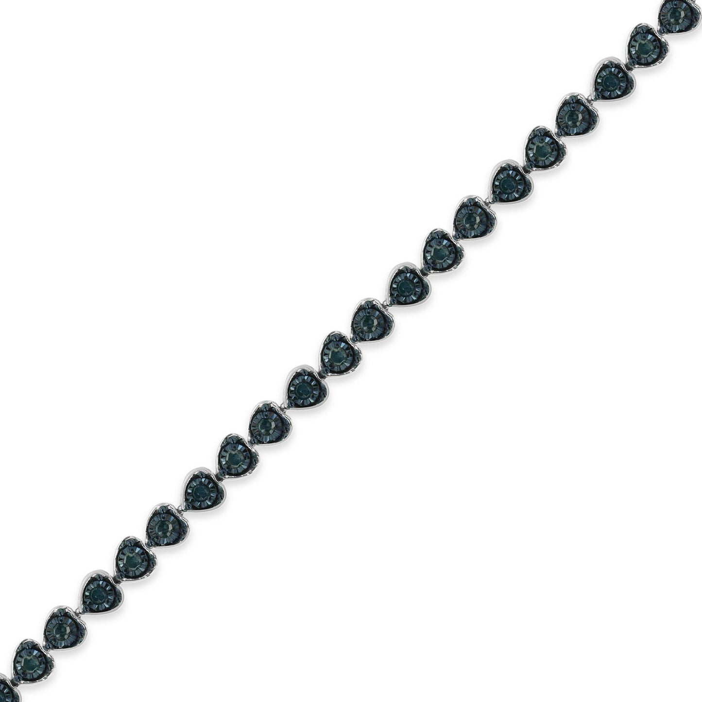 Black Rhodium over .925 Sterling Silver 1.0 Cttw Miracle Set Diamond Heart-Link 7in Tennis Bracelet (Blue Color, I2-I3 Clarity)