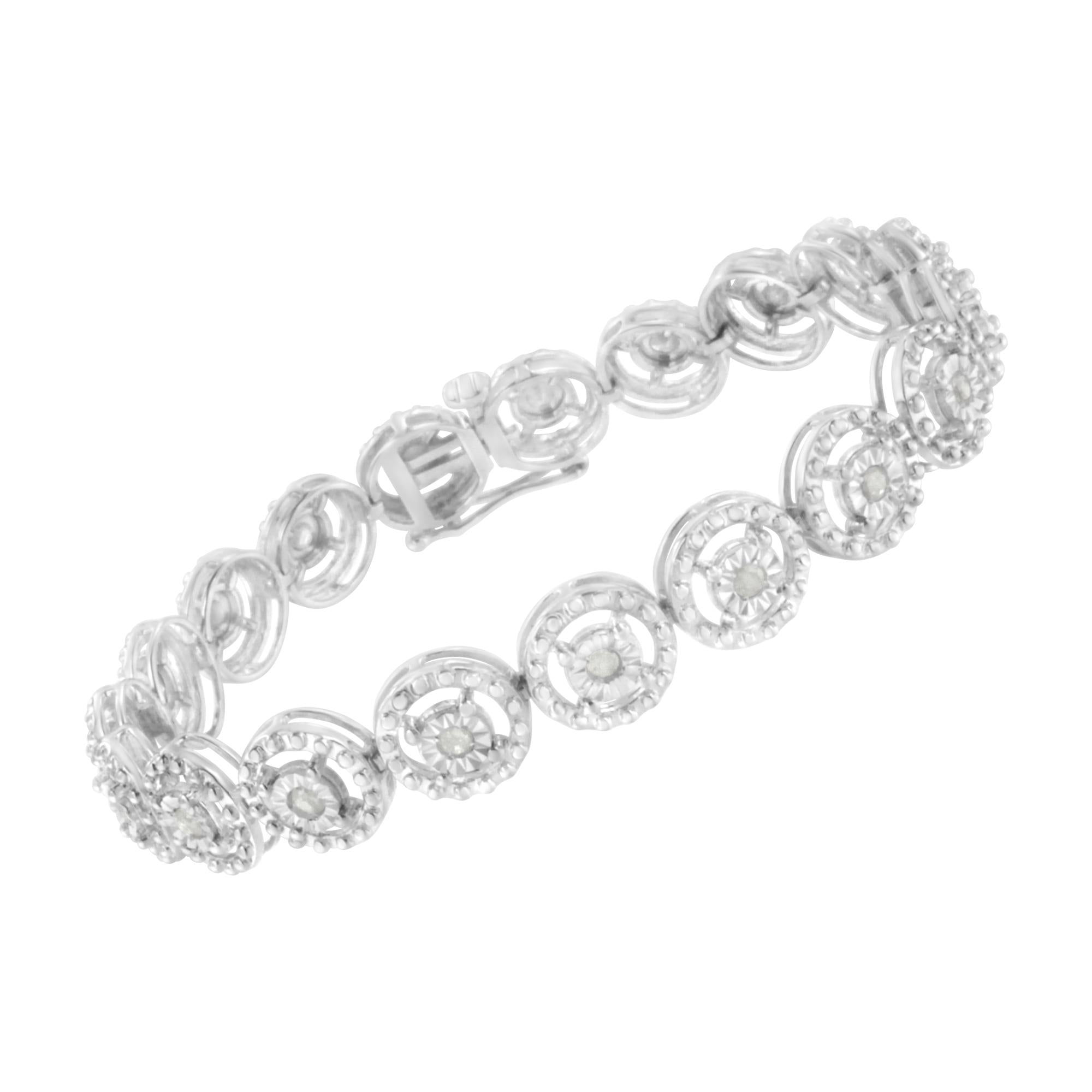 .925 Sterling Silver 1.0 Cttw Diamond Nested Circle Miracle Set Open Wheel 7in Fashion Link Bracelet (I-J Color, I3 Clarity)