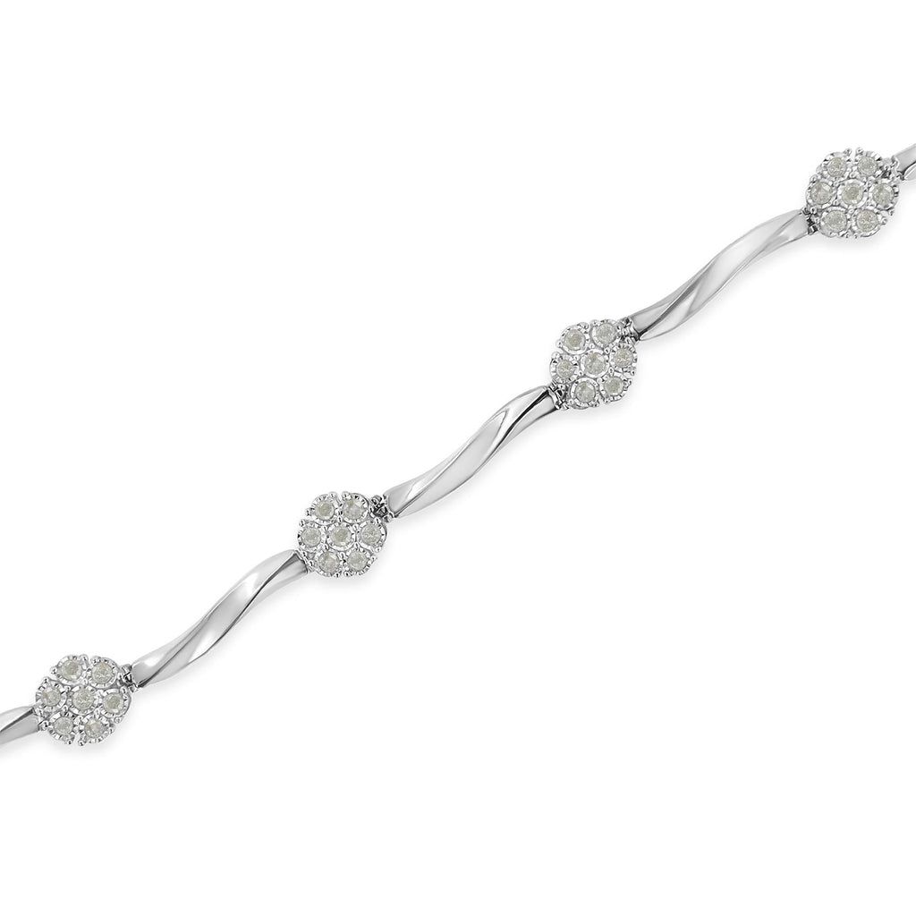 .925 Sterling Silver 1.0 cttw Miracle-Set Diamond 7 Stone Floral Cluster Link Bracelet (I-J Color, I3 Clarity) -7in