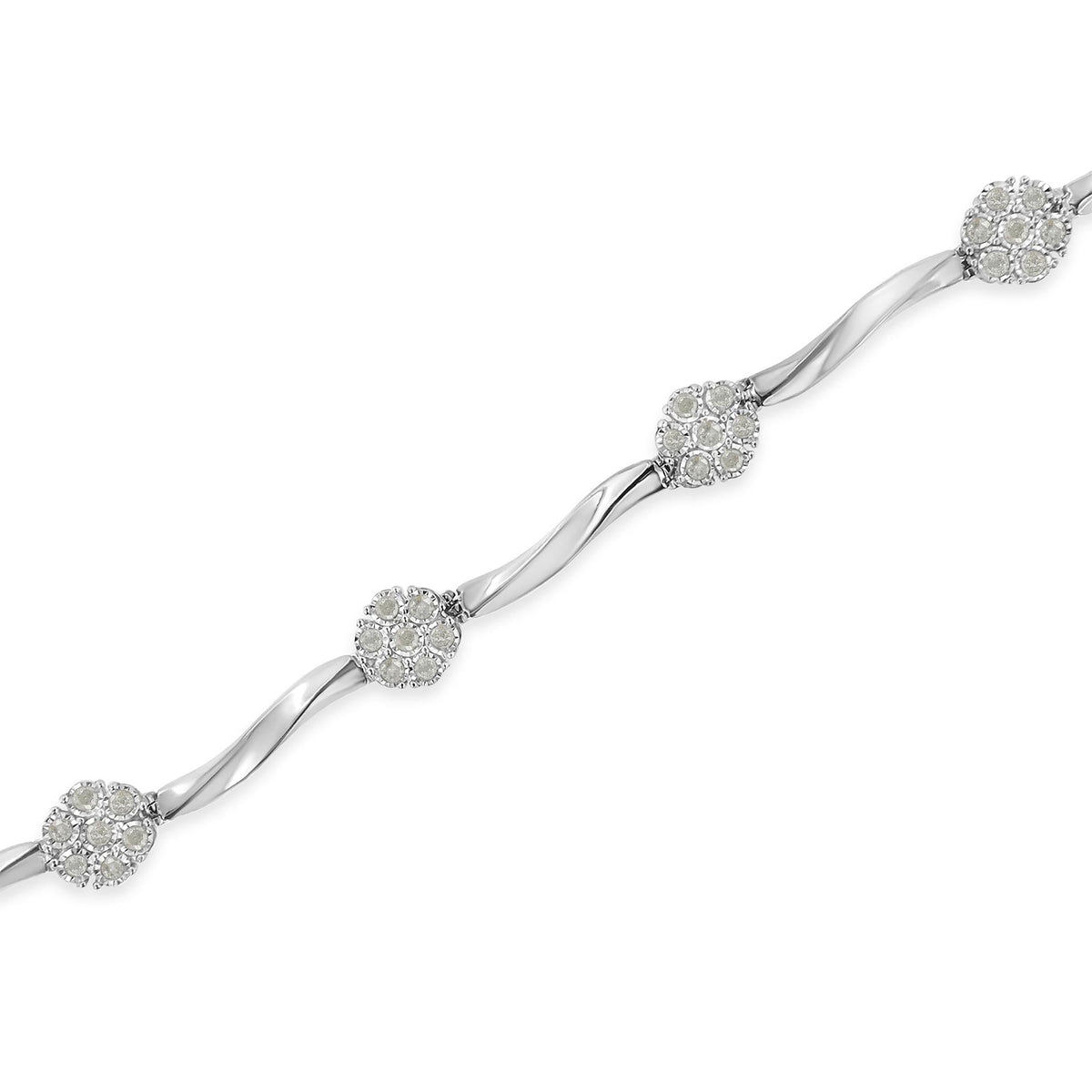 .925 Sterling Silver 1.0 cttw Miracle-Set Diamond 7 Stone Floral Cluster Link Bracelet (I-J Color, I3 Clarity) -7in