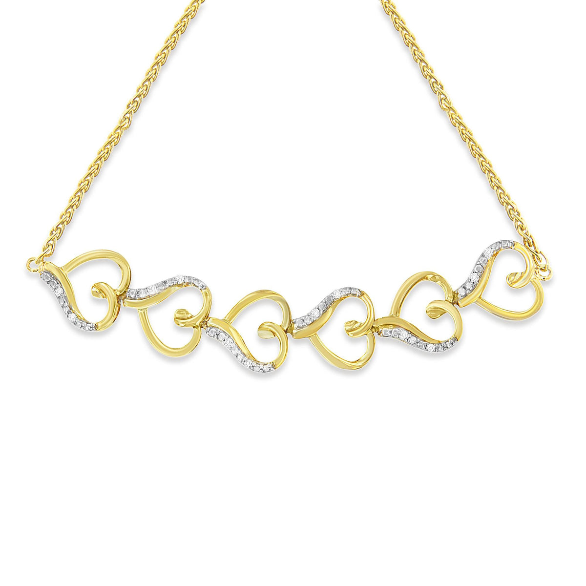 10K Yellow Gold over .925 Sterling Silver Diamond Accented Open Hearts 6in-9in Adjustable Chain Bolo Bracelet (H-I Color, I2-I3 Clarity)