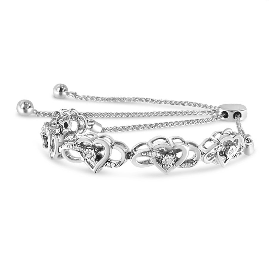 .925 Sterling Silver Miracle Set Diamond Accented Infinity Hearts 6in-9in Adjustable Bolo Bracelet (H-I Color, I2-I3 Clarity)