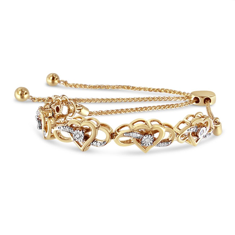 14K Yellow Gold Plated .925 Sterling Silver 1/10 Cttw Diamond Infinity Heart Shaped 4in-10in Adjustable Bolo Bracelet (H-I Color, I2-I3 Clarity)