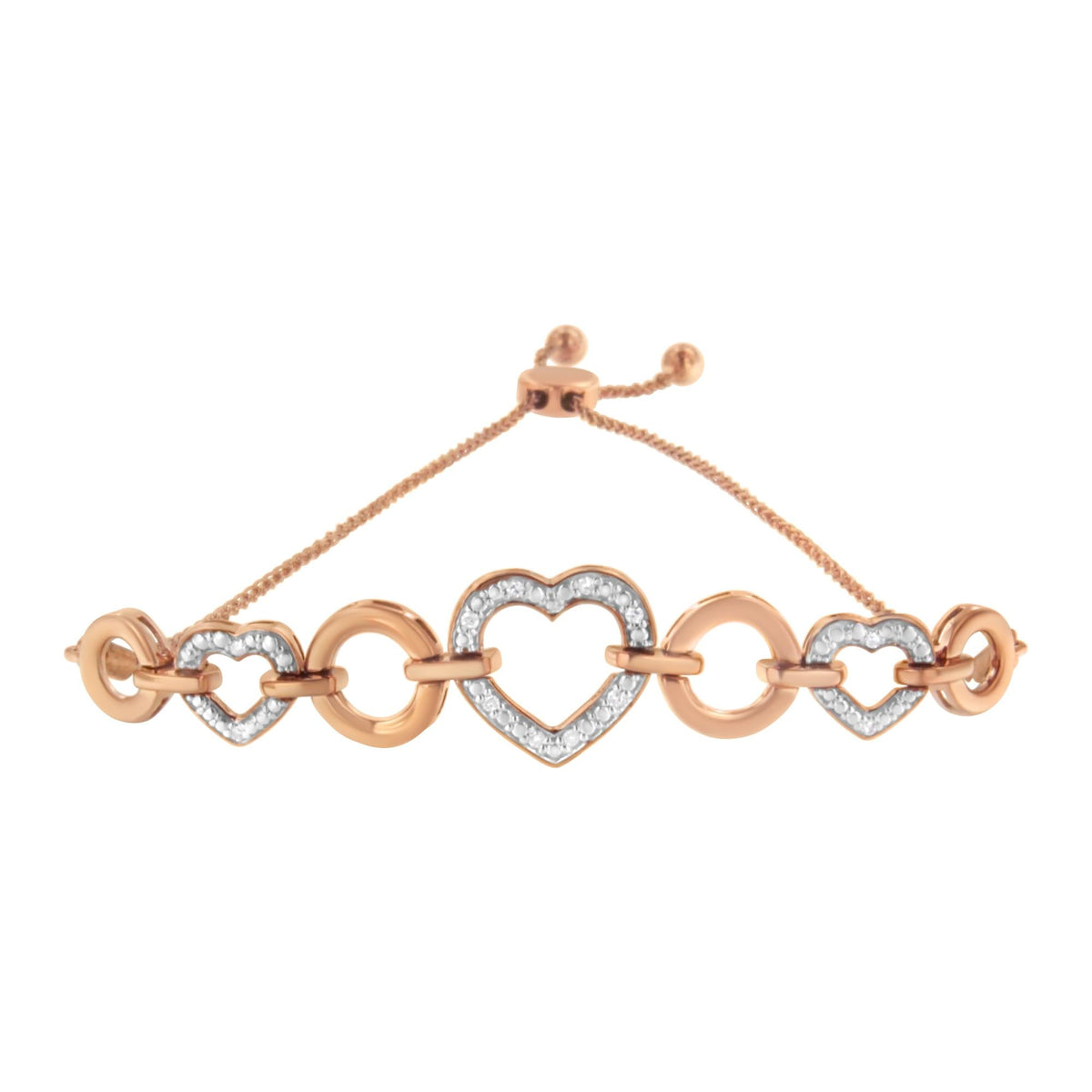 10K Rose Gold over .925 Sterling Silver 1/10 Cttw Round-Cut Diamond Heart Link Adjustable Bolo Bracelet (H-I Color, I2-I3 Clarity) - 6in-9in Adjustable