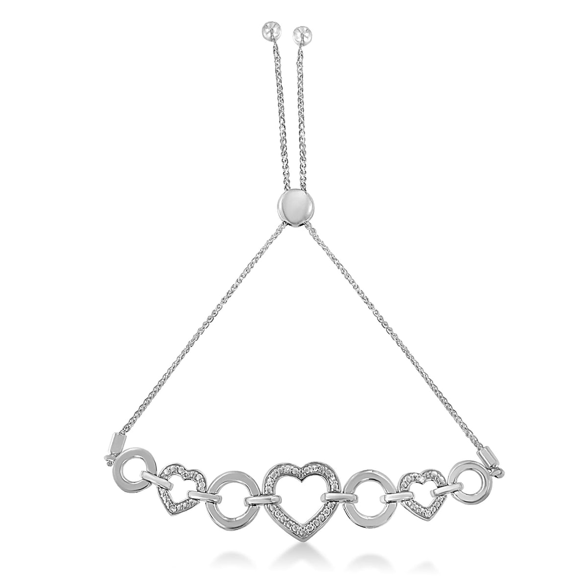 .925 Sterling Silver 1/10 Cttw Round-Cut Diamond Heart-Link Adjustable Bolo Bracelet ( H-I Color, I2-I3 Clarity) - 6in-9in Adjustable