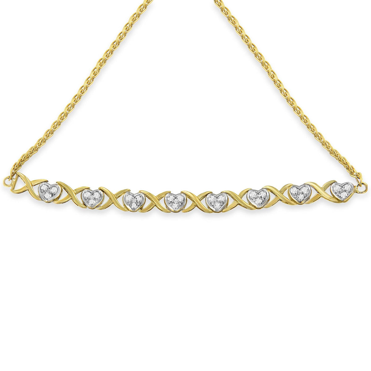 10K Yellow Gold over .925 Sterling Silver 1/10 Cttw Diamond Heart and X-Link 6in-9in Adjustable Bolo Bracelet (H-I Color, I2-I3 Clarity)