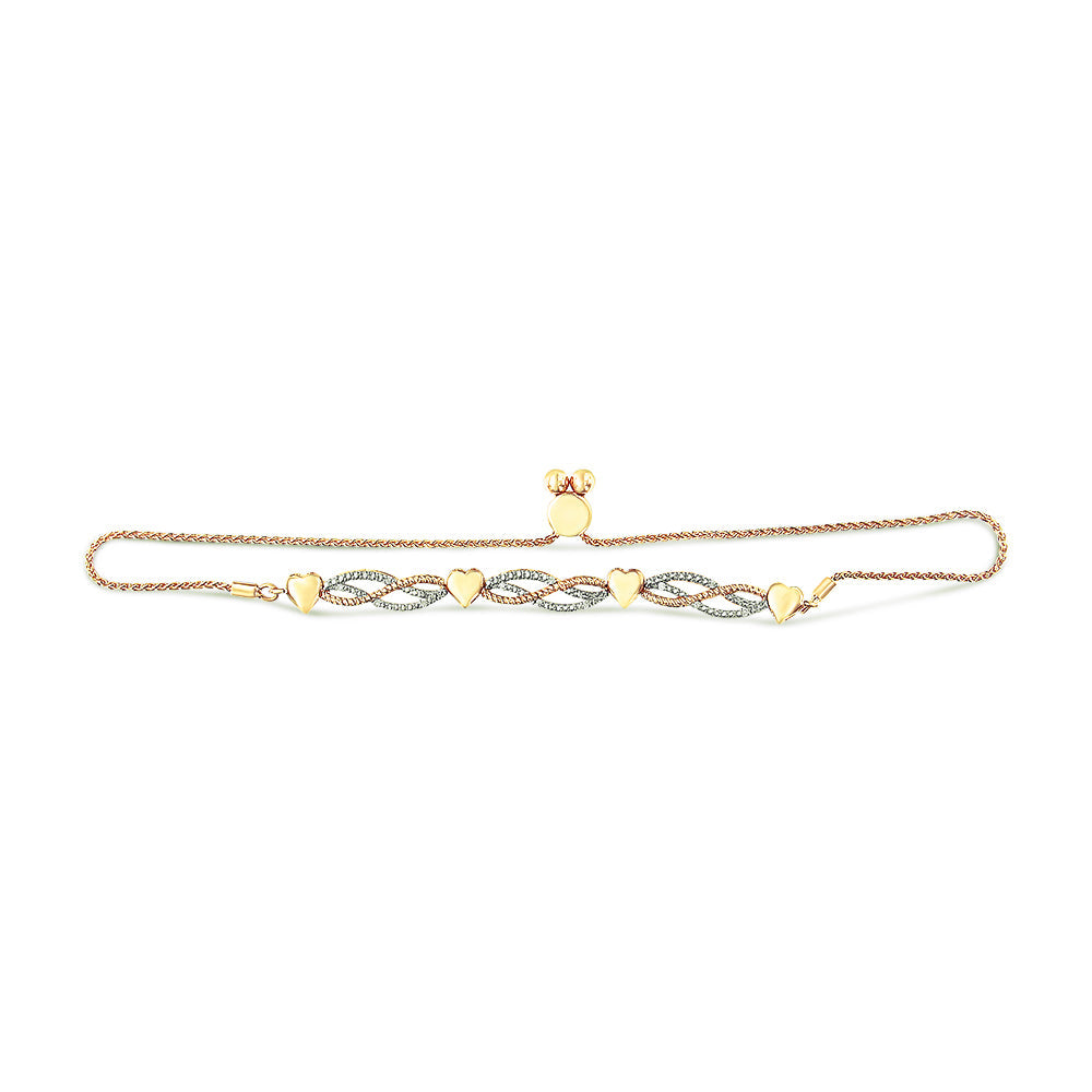 14K Yellow Gold Plated .925 Sterling Silver 1/10 Cttw Diamond Wave and Hearts Bolo Bracelet (I-J Color, I2-I3 Clarity) - 4in-10in Adjustable