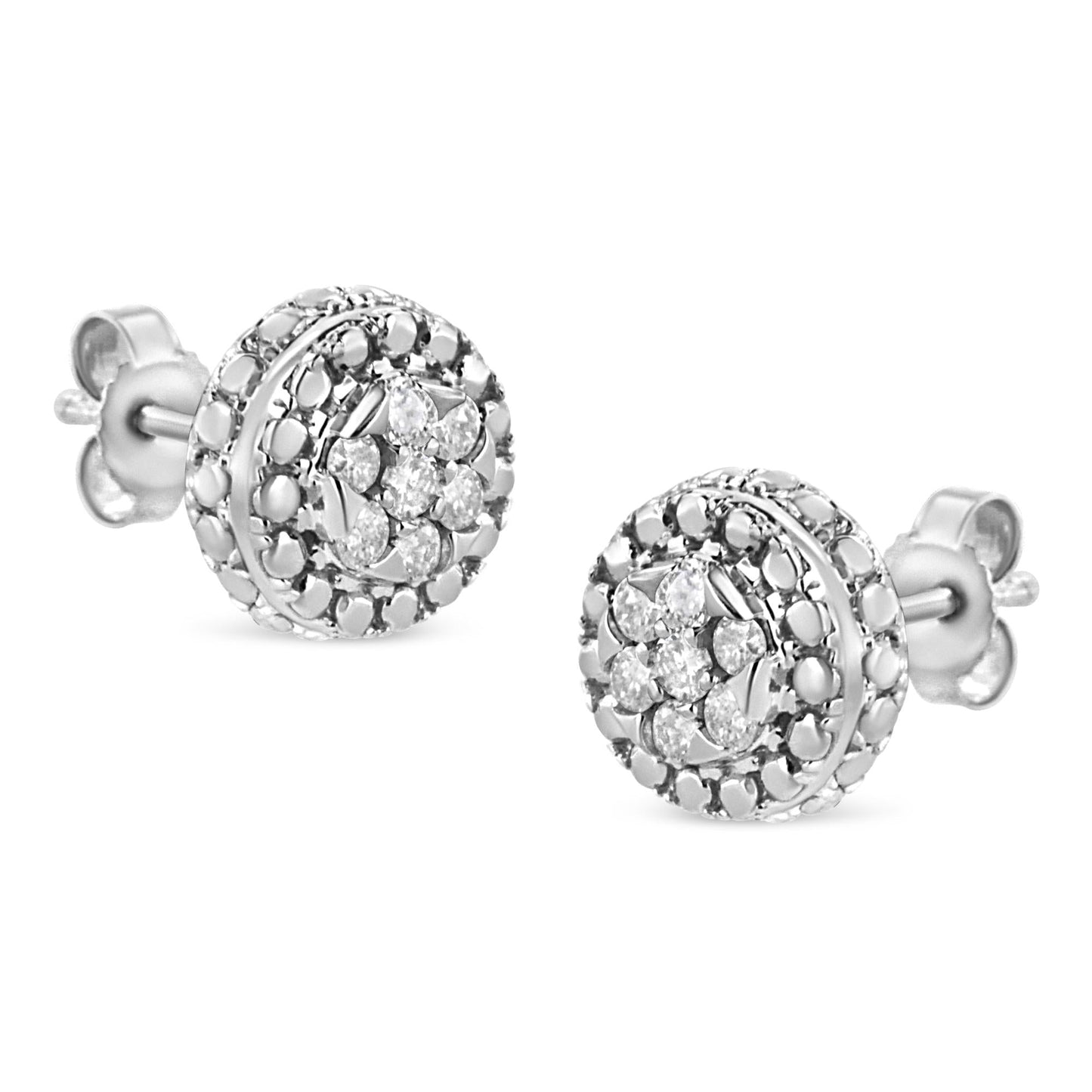 .925 Sterling Silver 1/3 Cttw 7 Stone Pave Set Diamond Beaded Stud Earrings (I-J Color, I2-I3 Clarity)