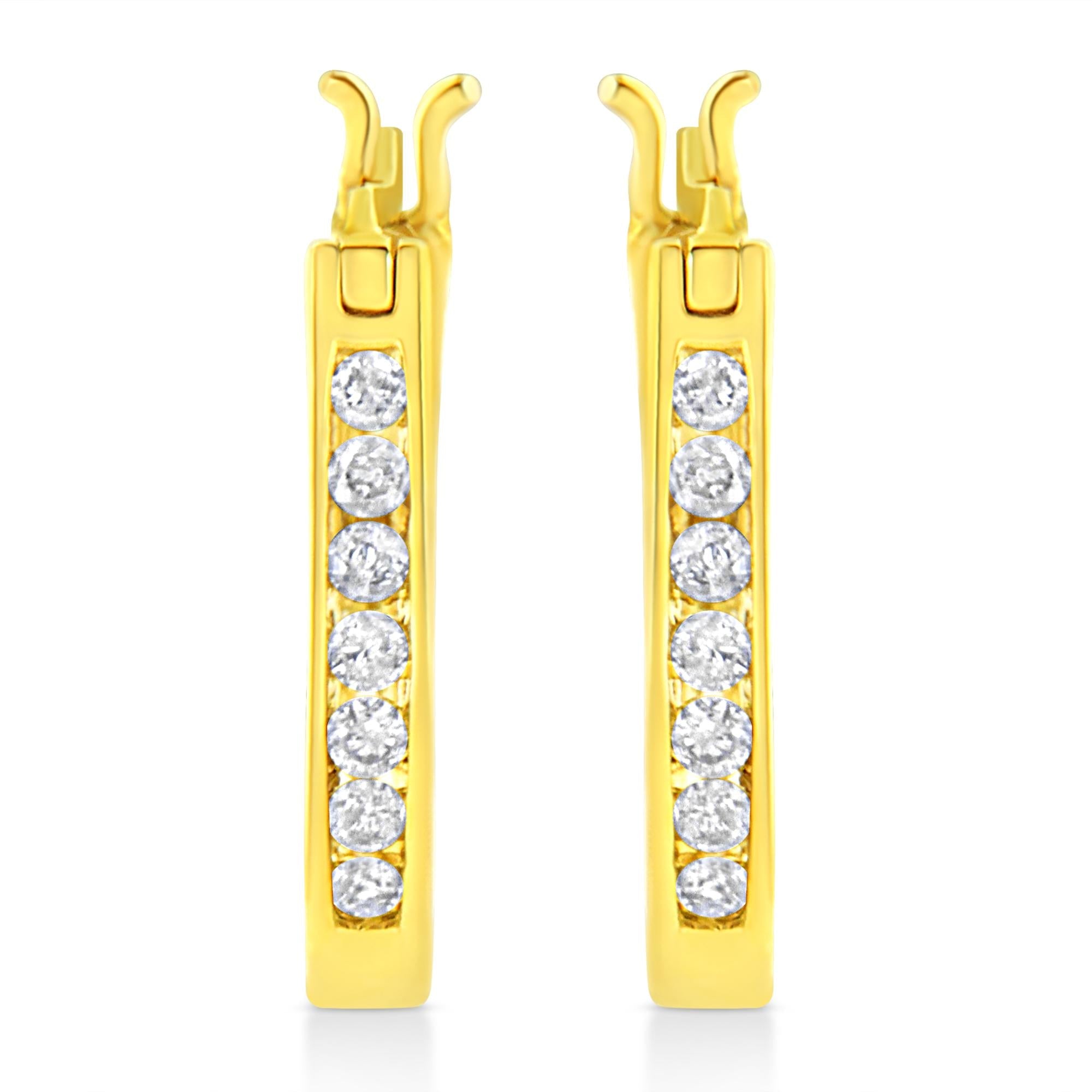 14K Yellow Gold Plated .925 Sterling Silver 1/4 Cttw Diamond Leverback 3/4 Inch Hoop Earrings (K-L Color, I2-I3 Clarity)