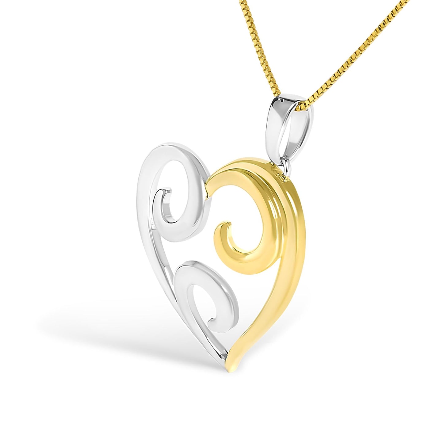 10K Yellow Gold Over .925 Sterling Silver Open Heart with Swirls 18in Box Chain Pendant Necklace