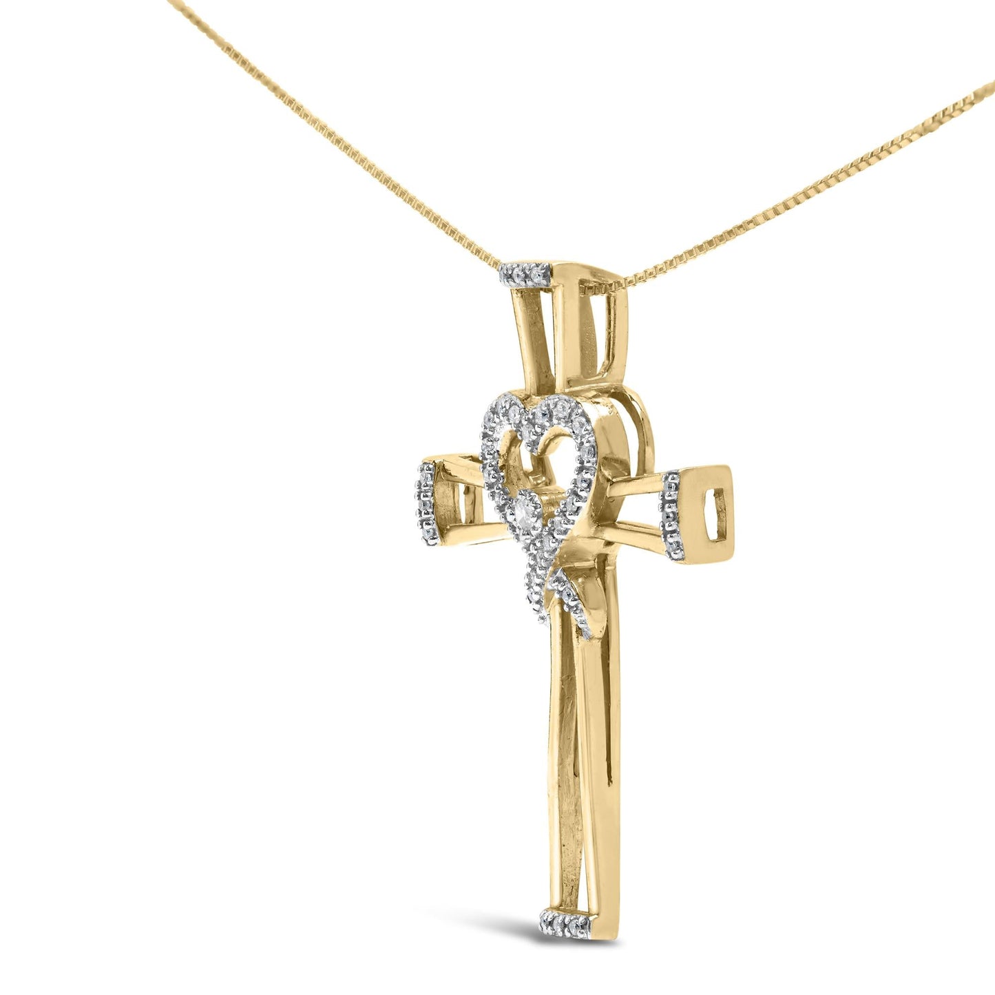 14K Yellow Gold Plated .925 Sterling Silver 1/6 Cttw Diamond Interlocking Heart and Ribbon Cross Pendant Necklace (H-I Color, I2-I3 Clarity) - 18in