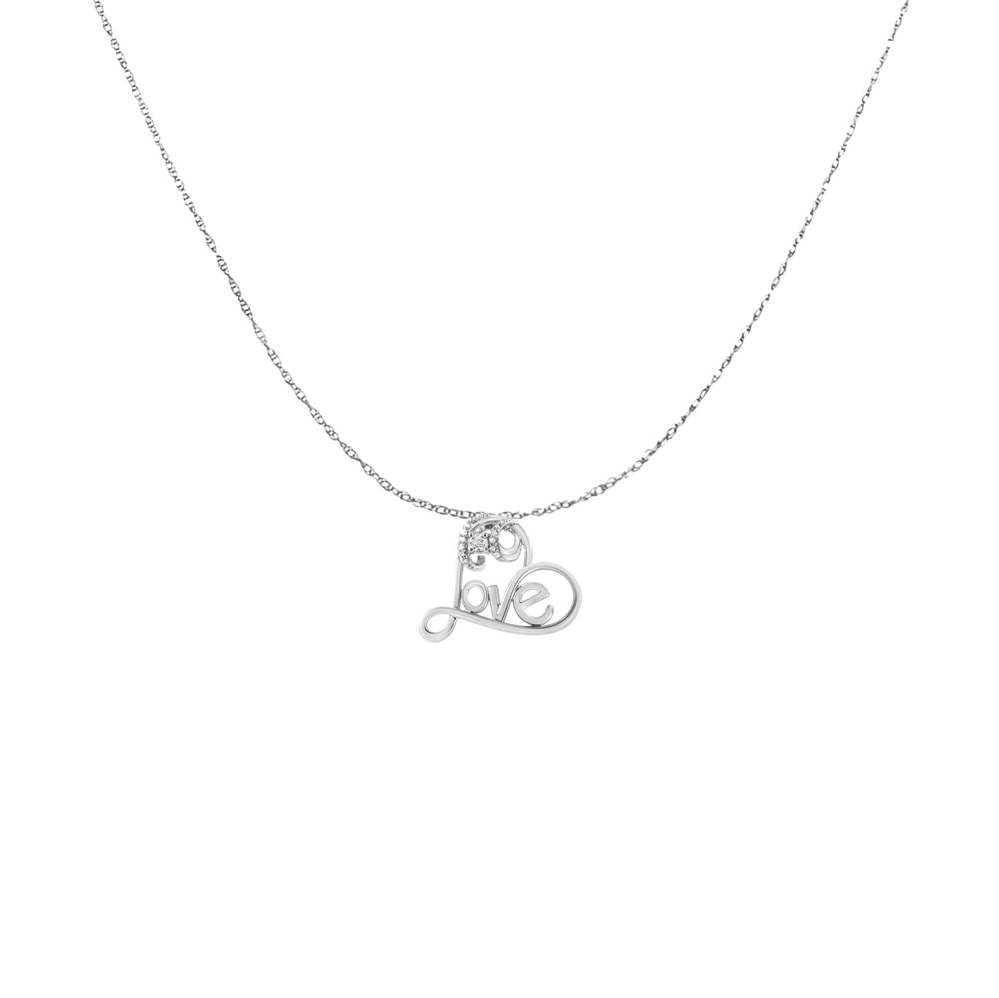 .925 Sterling Silver 1/10 Cttw Round Brilliant-Cut Diamond Accented Open Heart with Love 18in Pendant Necklace (H-I Color, I1-I2 Clarity)