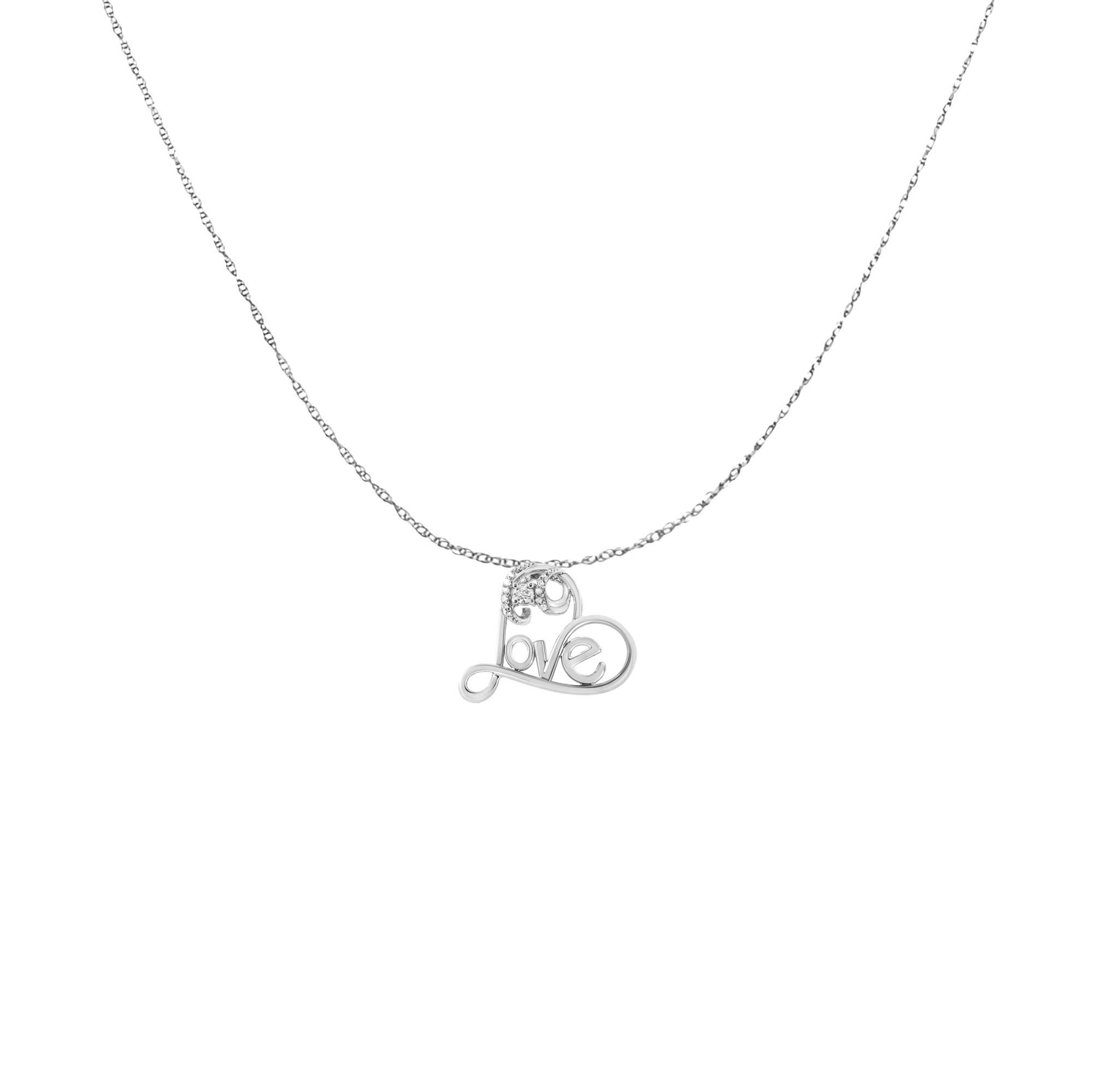 .925 Sterling Silver 1/10 Cttw Round Brilliant-Cut Diamond Accented Open Heart with Love 18in Pendant Necklace (H-I Color, I1-I2 Clarity)