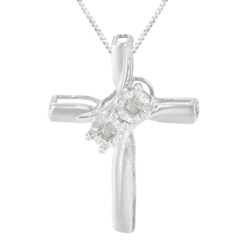 .925 Sterling Silver 1/10 Cttw Diamond Miracle-Set 2 Stone 'Together Forever' Curved Cross 18in Pendant Necklace (I-J Color, I2-I3 Clarity)